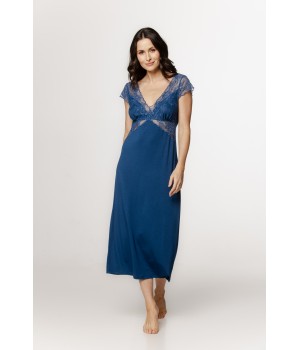 Chemise de nuit longue en micromodal , buste, épaulettes en dentelle et lacets dans le dos et broderie