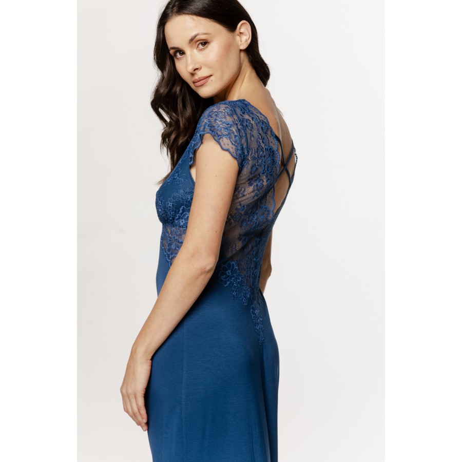 Long micromodal nightgown with lace epaulettes, lace-up back, and embroidery.