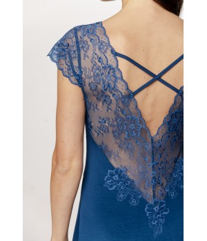 Long micromodal nightgown with lace epaulettes, lace-up back, and embroidery.