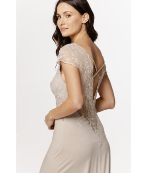 Long micromodal nightgown with lace epaulettes, lace-up back, and embroidery.