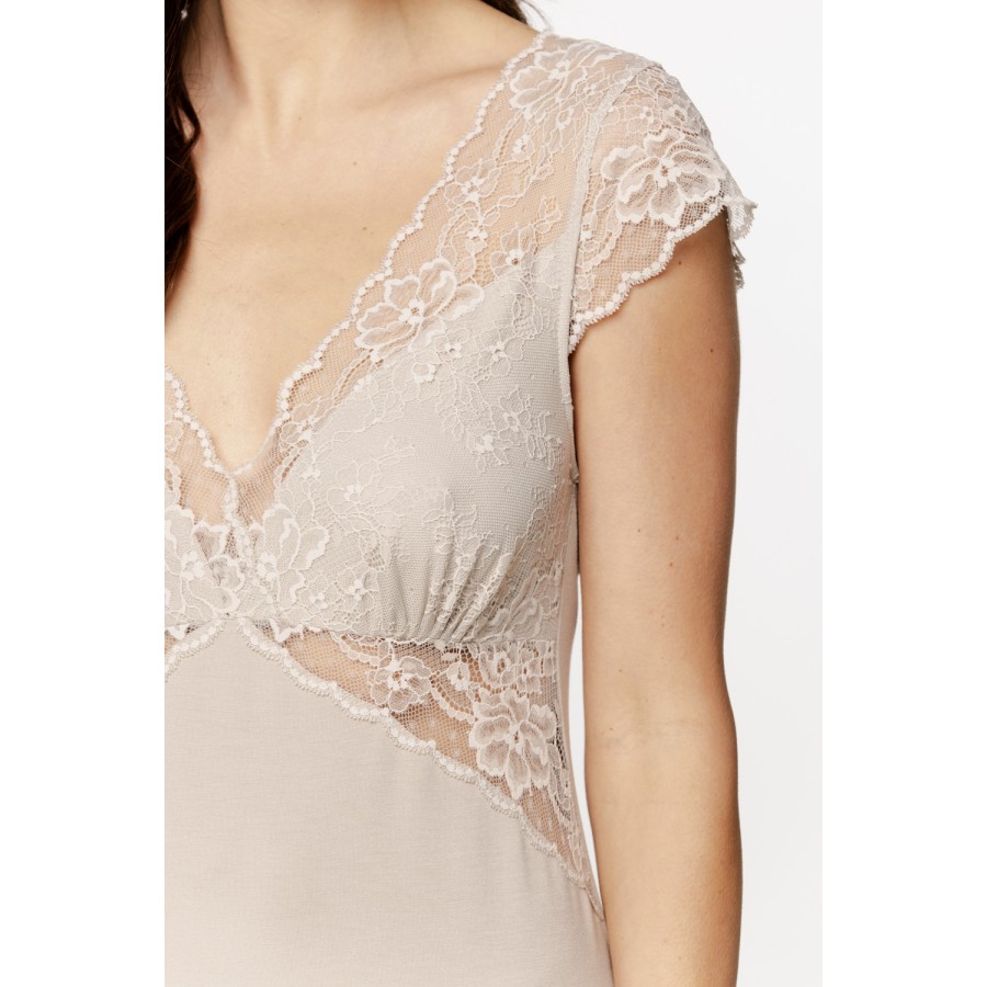 Long micromodal nightgown with lace epaulettes, lace-up back, and embroidery.