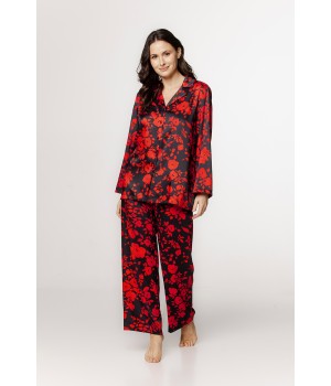 Magnifique ensemble pyjama en viscose satin motif floral rouge et noir chemise boutonnable