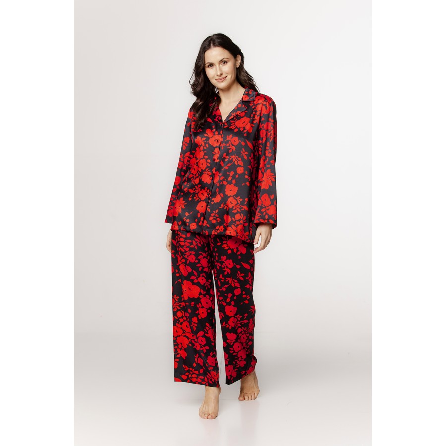 Magnifique ensemble pyjama en viscose satin motif floral rouge et noir chemise boutonnable