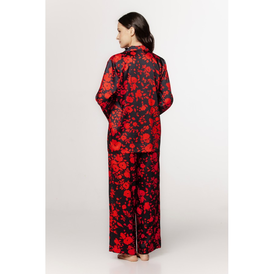 Magnifique ensemble pyjama en viscose satin motif floral rouge et noir chemise boutonnable