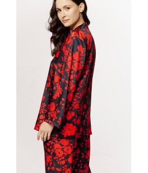 Magnifique ensemble pyjama en viscose satin motif floral rouge et noir chemise boutonnable