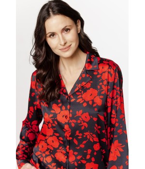 Beautiful viscose satin pajama set with a red and black floral pattern and a button-down shirt. 4 - www.coemi-lingerie.com 
