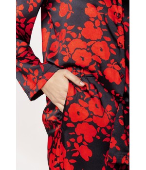 Magnifique ensemble pyjama en viscose satin motif floral rouge et noir chemise boutonnable