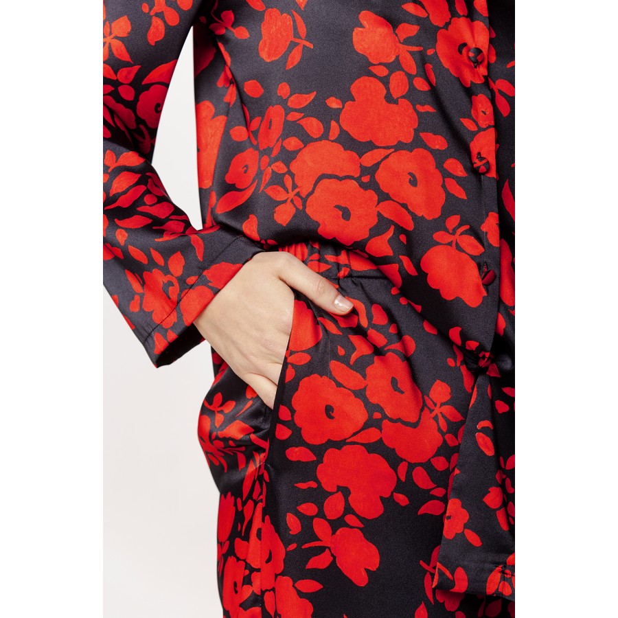 Magnifique ensemble pyjama en viscose satin motif floral rouge et noir chemise boutonnable