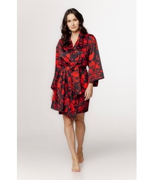 Ravissant déshabillé en viscose satin motif floral rouge et noir, manches amples et ceinture