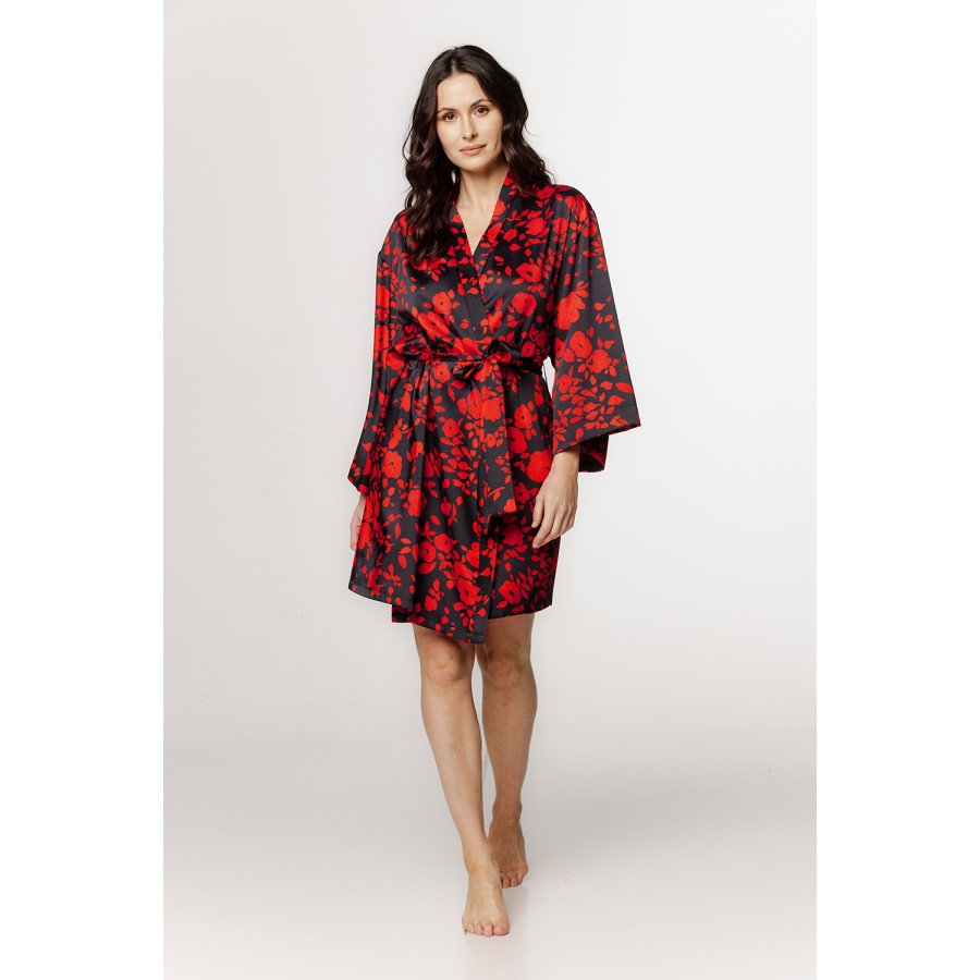 Ravissant déshabillé en viscose satin motif floral rouge et noir, manches amples et ceinture