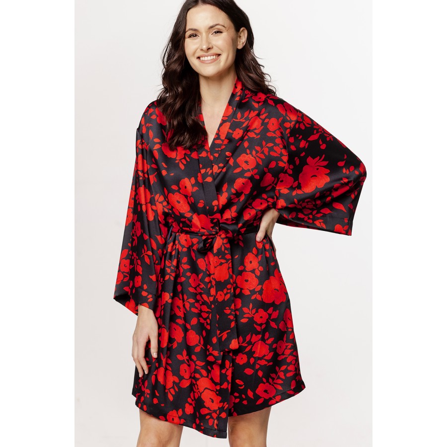 Ravissant déshabillé en viscose satin motif floral rouge et noir, manches amples et ceinture