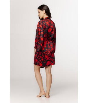 Ravissant déshabillé en viscose satin motif floral rouge et noir, manches amples et ceinture