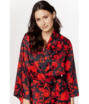 Ravissant déshabillé en viscose satin motif floral rouge et noir, manches amples et ceinture