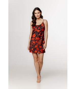 Sublime nuisette en viscose satin motif floral rouge et noir, col scoop et jeu de lacets