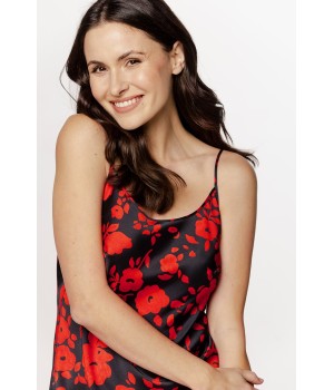Camiseta corta viscosa satén estampado floral rojo y negro