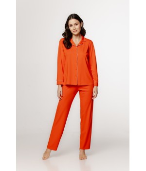 Loose-fitting silk pajama set with V-neck trim and button-up top