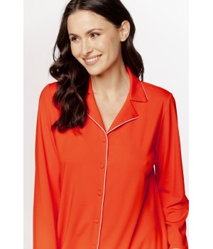 Wunderschöne Damen-Seidenbluse mit durchgehender Knopfleiste, Besatz und V-Ausschnitt.