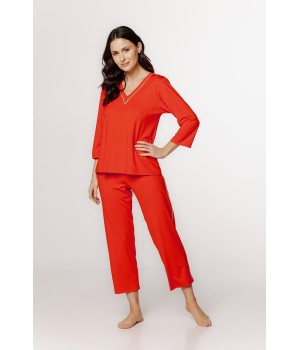 Ensemble pyjama ample en soie artificielle, avec liseré et col en V, pantalon et manches ¾