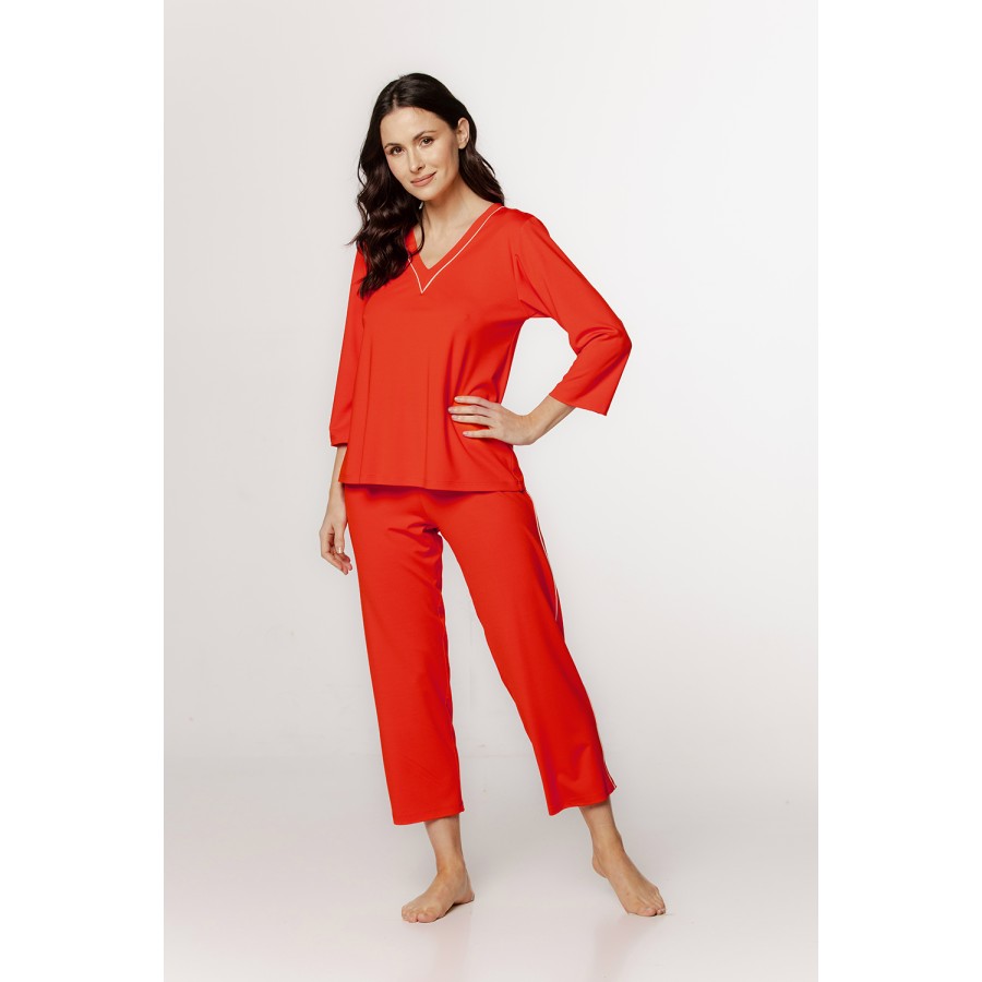 Ensemble pyjama ample en soie artificielle, avec liseré et col en V, pantalon et manches ¾
