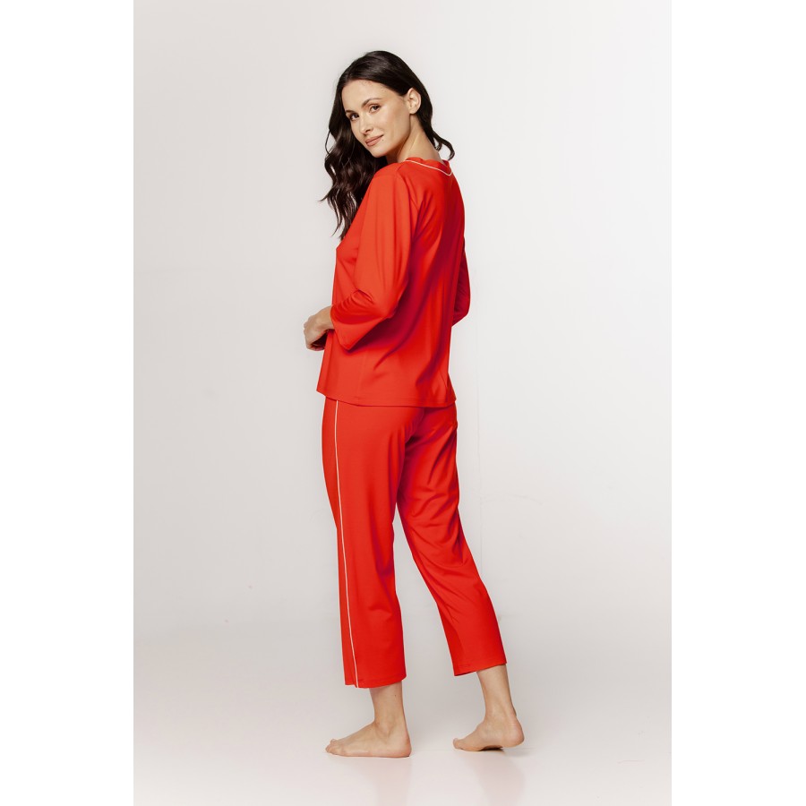 Ensemble pyjama ample en soie artificielle, avec liseré et col en V, pantalon et manches ¾