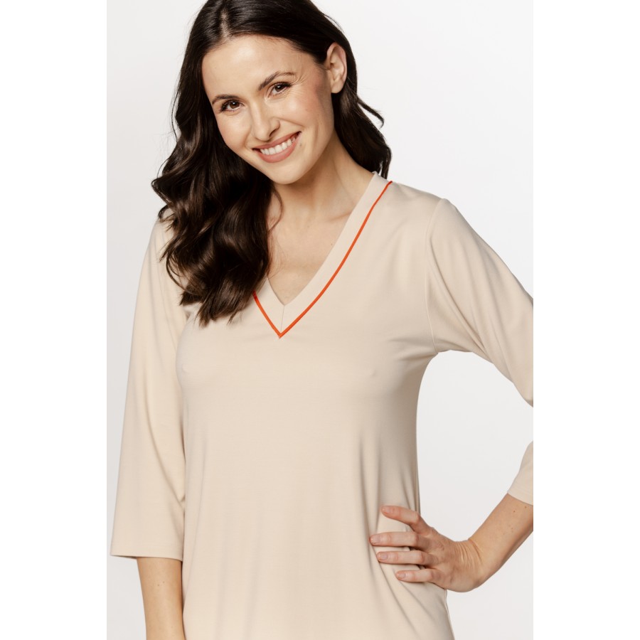 Sublime loose-fitting nightgown in faux silk, 3/4 sleeves, and trim on the V-neck