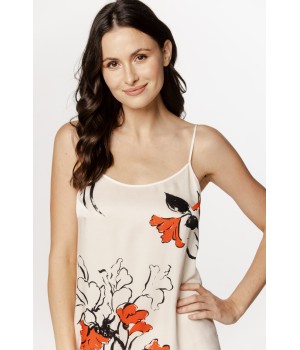 Superb viscose satin nightie with a Japanese-inspired pattern, scoop neck, and thin straps