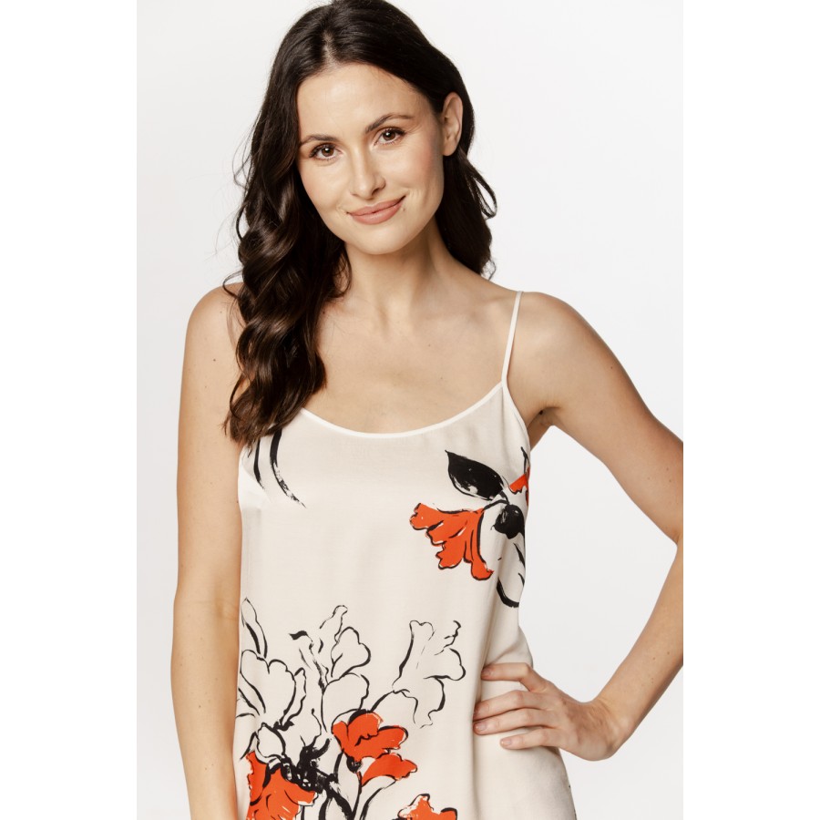 Superb viscose satin nightie with a Japanese-inspired pattern, scoop neck, and thin straps