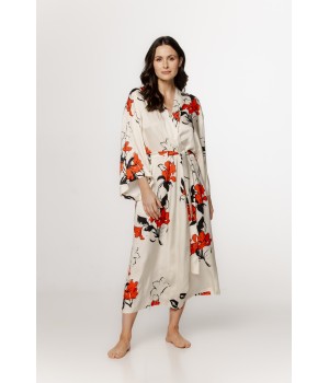 Wonderful long robe in viscose satin with a Japanese-inspired pattern and wide ¾ sleeves