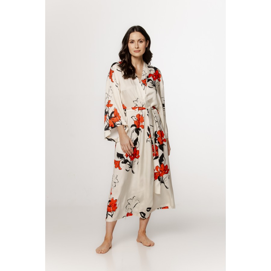 Merveilleux déshabillé long en viscose satin motif inspiration japonais, manches ¾ larges
