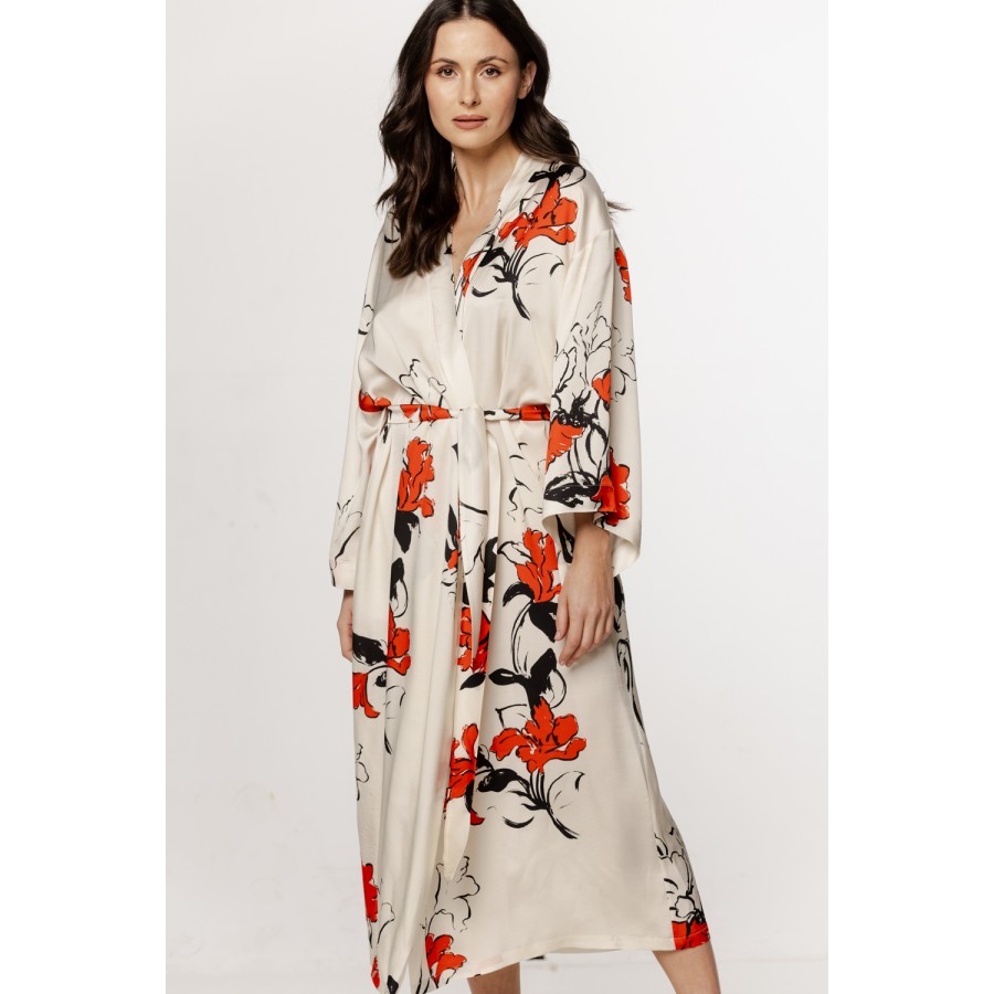 Merveilleux déshabillé long en viscose satin motif inspiration japonais, manches ¾ larges