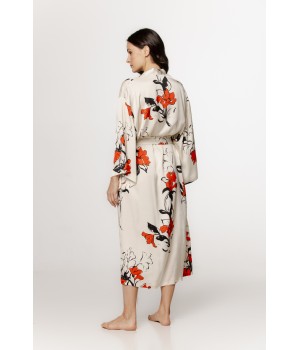 Merveilleux déshabillé long en viscose satin motif inspiration japonais, manches ¾ larges