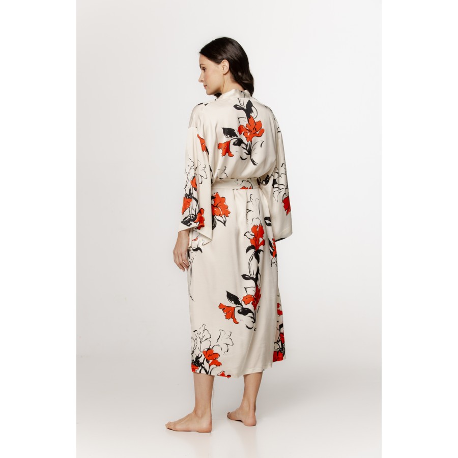 Merveilleux déshabillé long en viscose satin motif inspiration japonais, manches ¾ larges