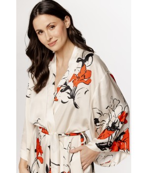 Merveilleux déshabillé long en viscose satin motif inspiration japonais, manches ¾ larges