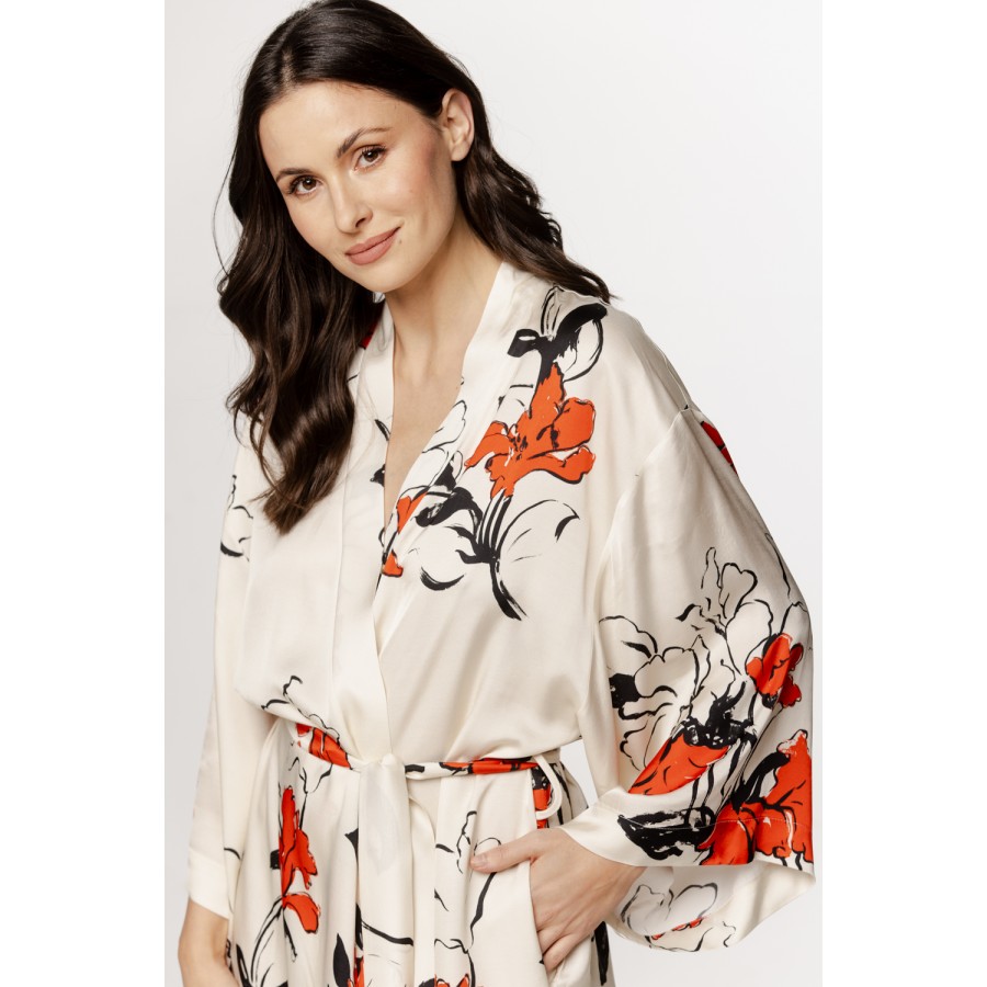 Merveilleux déshabillé long en viscose satin motif inspiration japonais, manches ¾ larges
