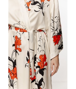 Merveilleux déshabillé long en viscose satin motif inspiration japonais, manches ¾ larges