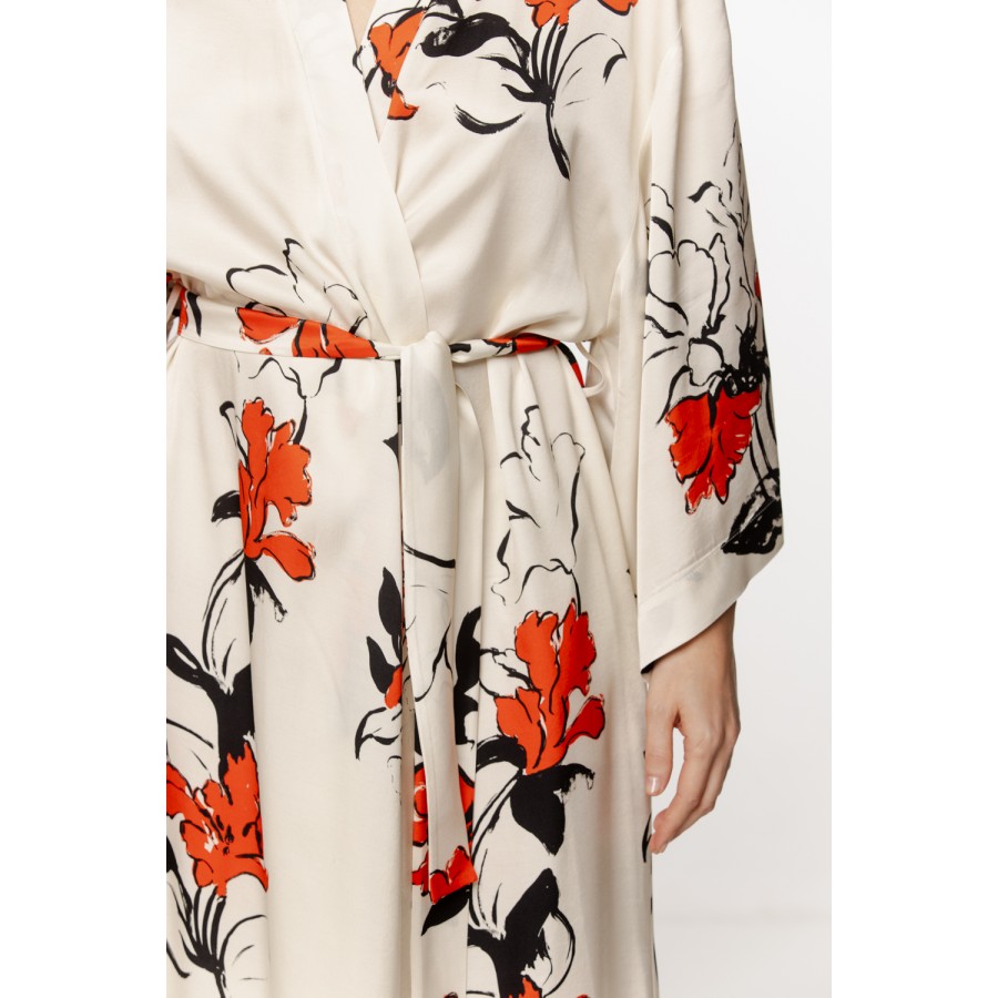 Merveilleux déshabillé long en viscose satin motif inspiration japonais, manches ¾ larges