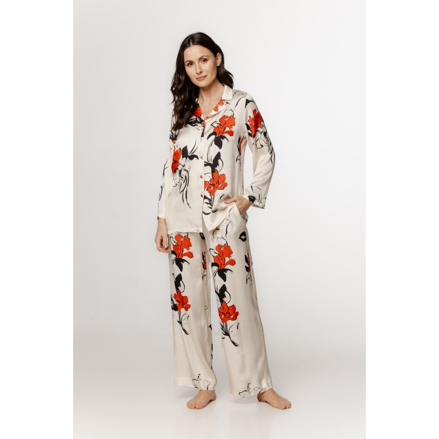 Eleganter Pyjama aus Viskose-Satin mit japanischem Muster, Hemdblusen-Oberteil und lockerer Hose