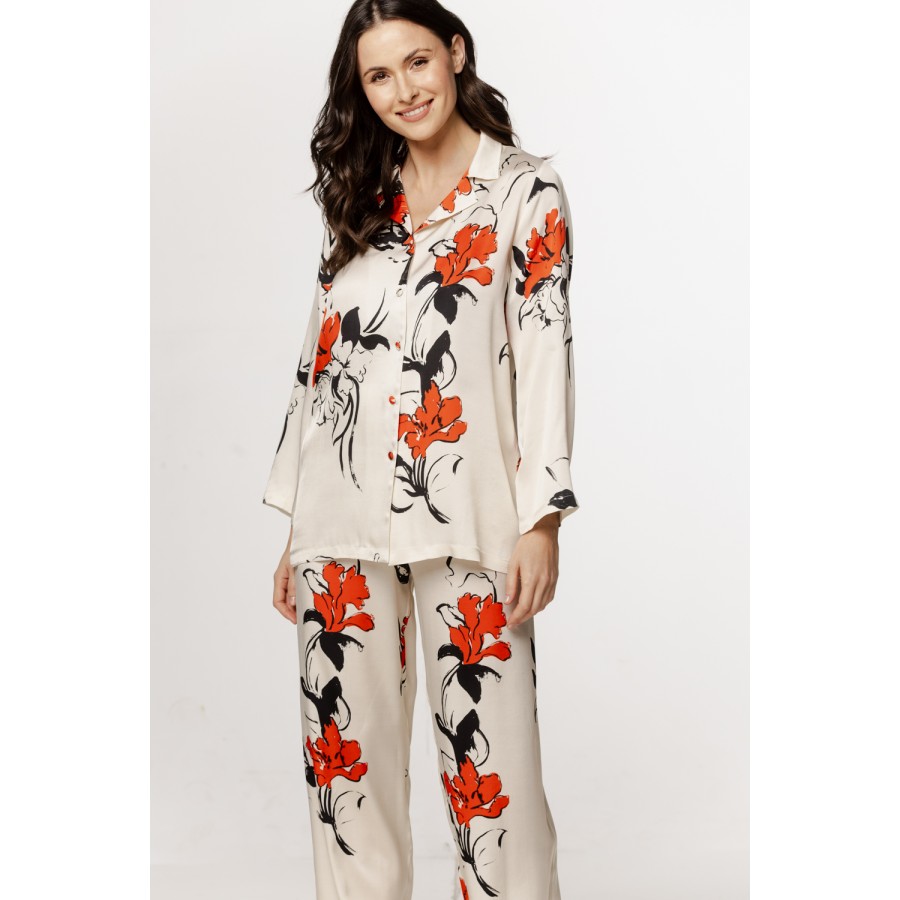 Sublime ensemble pyjama en viscose satin motif inspiration japonaise, haut chemise, pantalon ample
