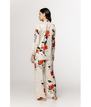 Sublime viscose satin pajama set with a Japanese-inspired pattern, shirt-style top, and loose-fitting pants