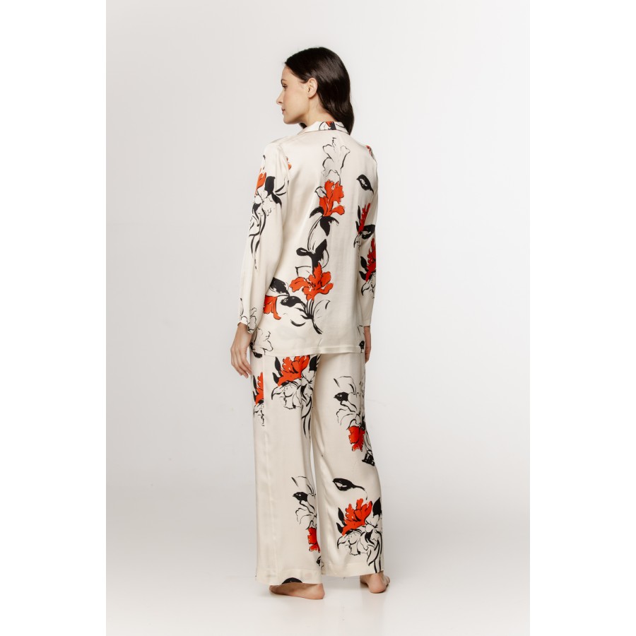 Eleganter Pyjama aus Viskose-Satin mit japanischem Muster, Hemdblusen-Oberteil und lockerer Hose