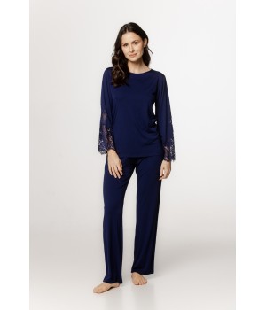 Micromodal pajama set with round neck and lace trim on the forearms, long, flowing pants