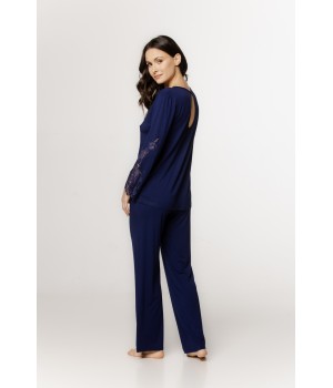 Pyjama-Set aus Micromodal mit Rundhalsausschnitt, Spitzenbesatz an den Unterarmen und langer, fließender Hose