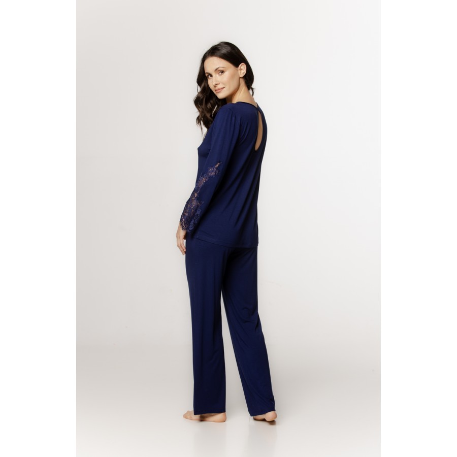 Micromodal pajama set with round neck and lace trim on the forearms, long, flowing pants