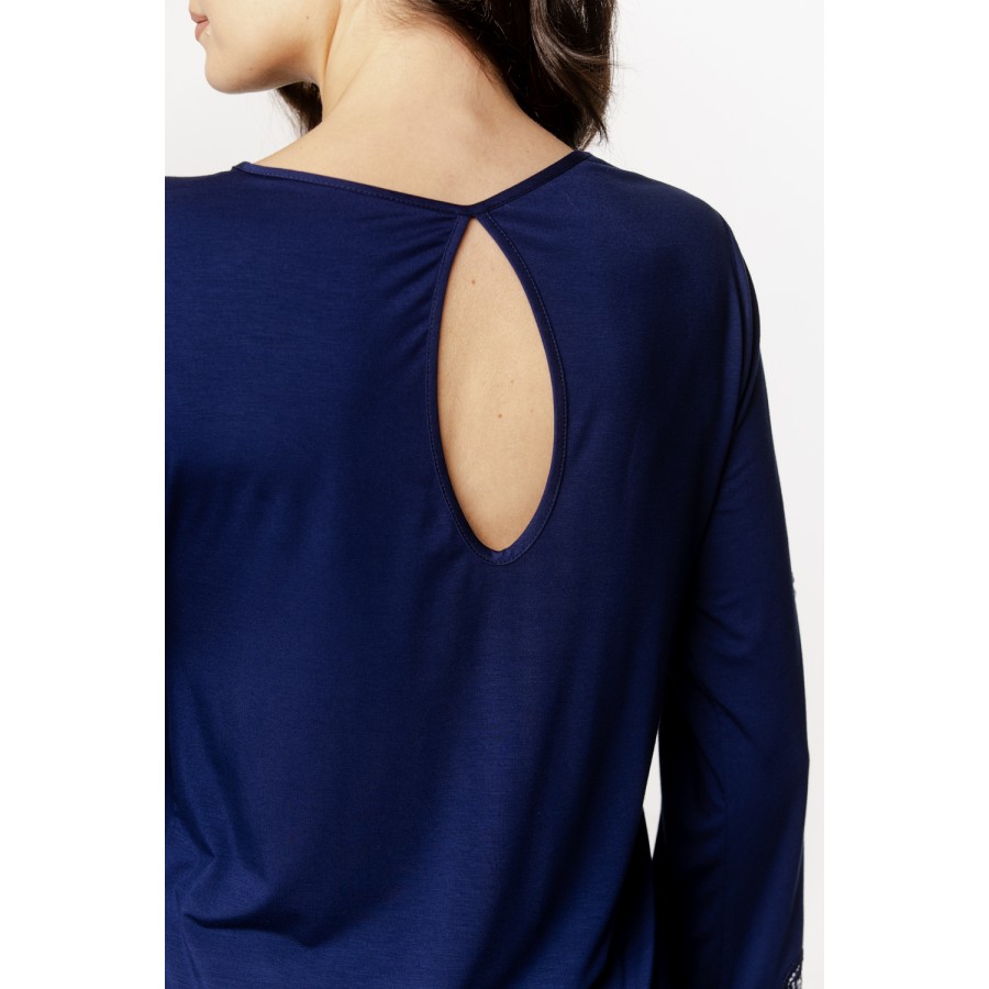 Micromodal pajama set with round neck and lace trim on the forearms, long, flowing pants
