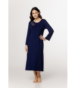 Longue chemise de nuit ample, manches longues avec broderie sur le haut du buste