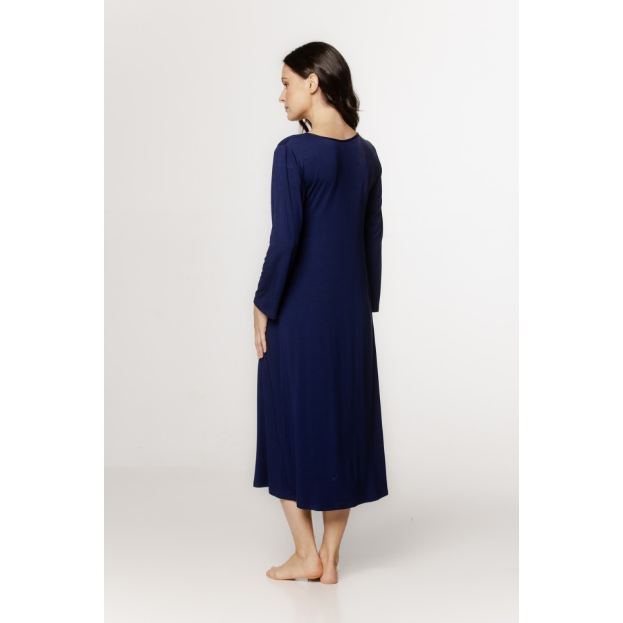 Long, loose-fitting nightgown with long sleeves and embroidery on the upper bust.