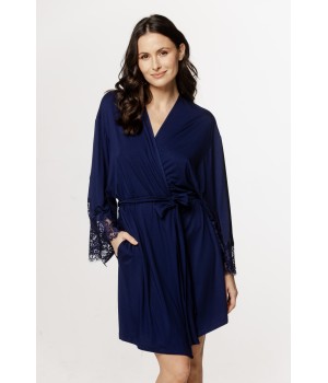 Superb mid-length micromodal robe with lace on the forearms