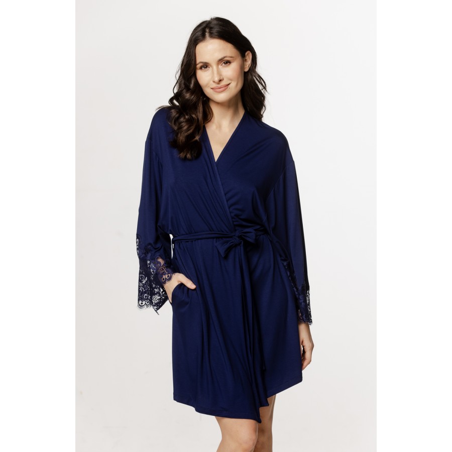 Superb mid-length micromodal robe with lace on the forearms