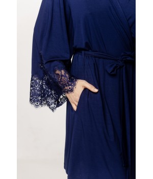 Caída de bata micromodal azul con encaje en las mangas