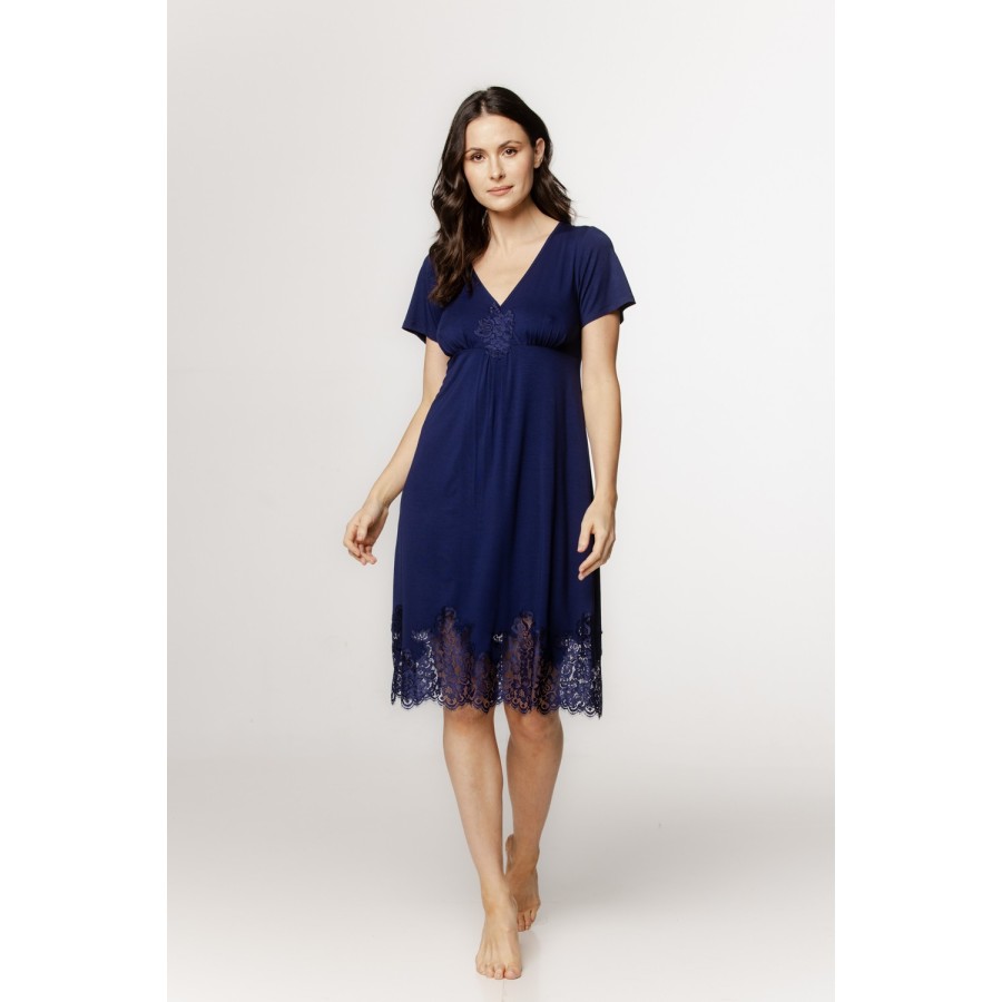 Camisón midi azul de micromodal con encaje en el bajo
